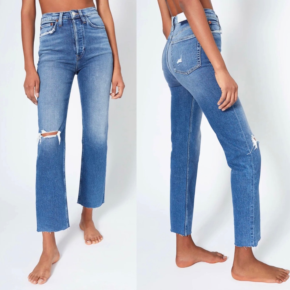 RE/DONE 70s Ultra High Rise Stove Pipe Jeans, Size 29, in Vintage Indigo Destroy